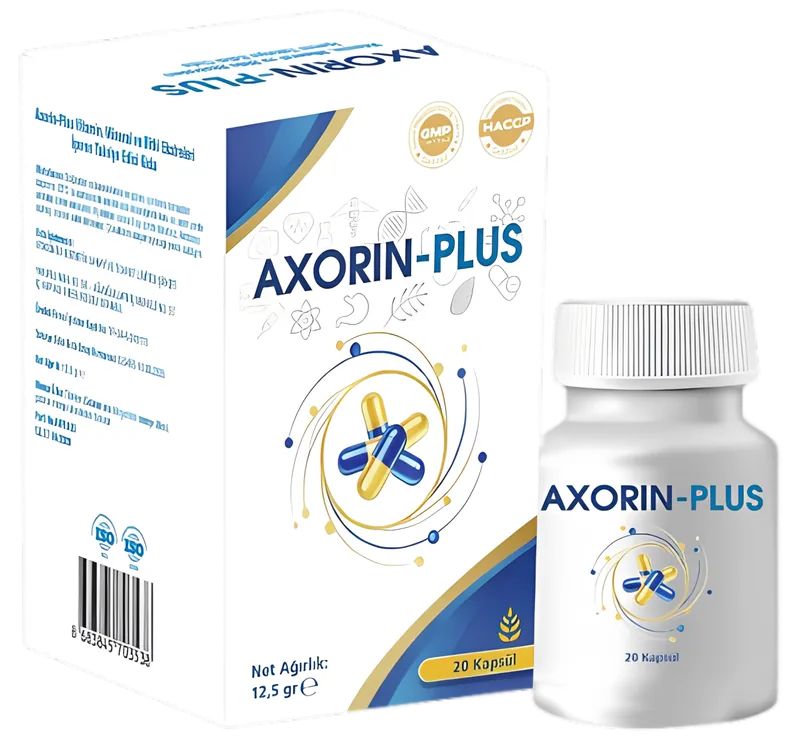 Axorin-Plus 20 kapsül, beyaz kutu ve beyaz kavanoz