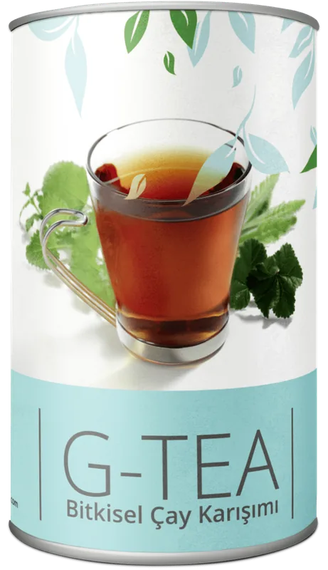 G-tea bitkisel çay karışımı, beyaz-turkuaz silindir kutu
