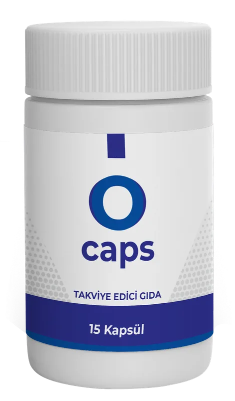 O Caps 15 kapsül, mavi O harfli beyaz şişe