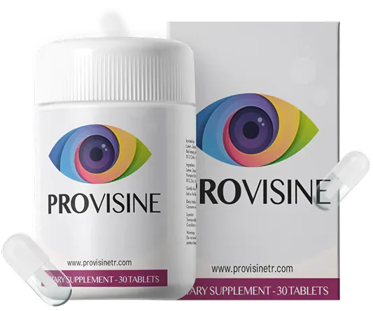 ProVisine 30 tablet, renkli göz logolu şişe ve kutu