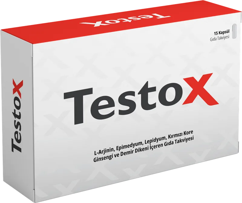 Testox 15 kapsül, kırmızı kenarlı beyaz kutu